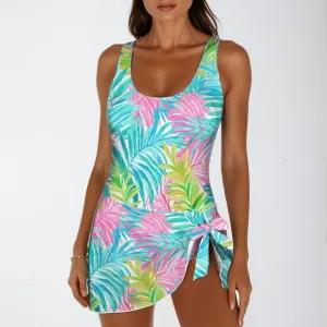 Women's One-Piece Swim Dress, Wrap Skirt - Los Cabos Tropical Floral
