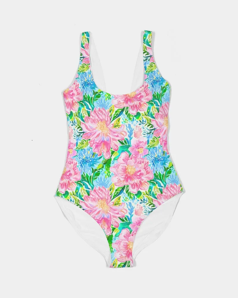 Women's One-Piece Swimsuit, Preppy Spring Floral Mix