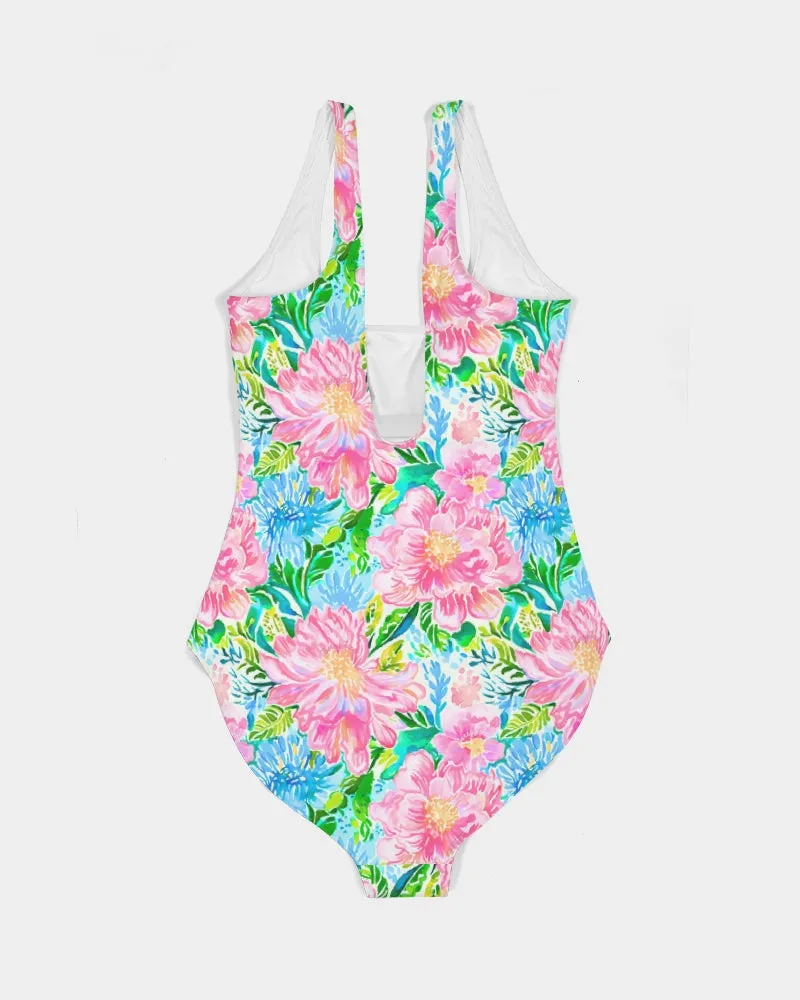 Women's One-Piece Swimsuit, Preppy Spring Floral Mix