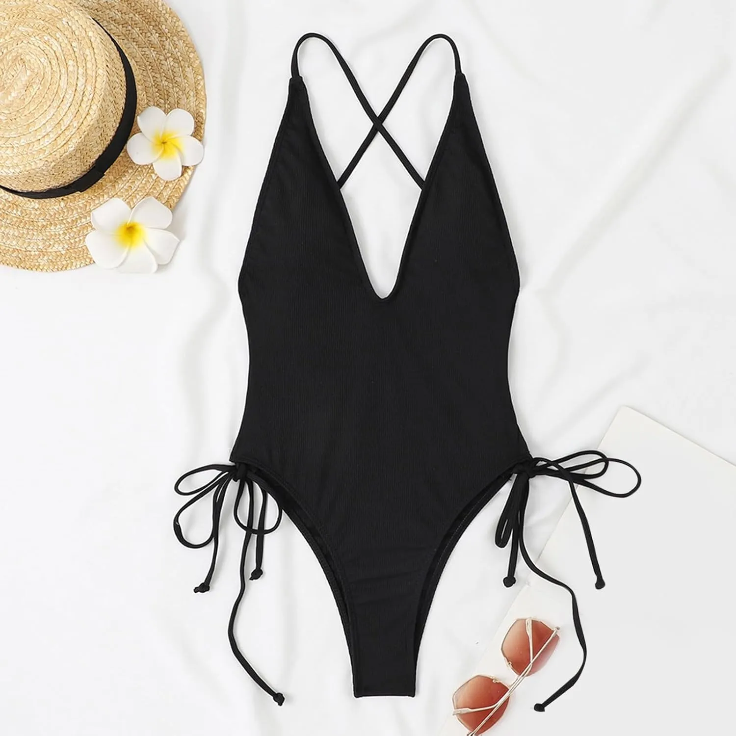 Women's One Piece Swimsuit Tummy Control Ruched Bathing Suit Deep V Neck Criss Cross Backless Swimwear 2025