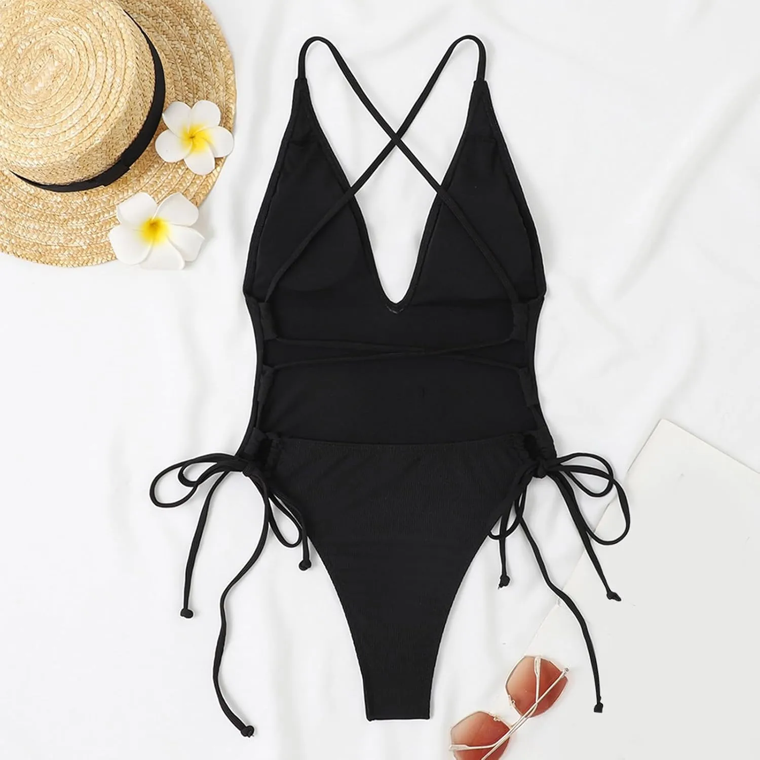 Women's One Piece Swimsuit Tummy Control Ruched Bathing Suit Deep V Neck Criss Cross Backless Swimwear 2025