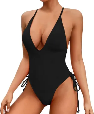Women's One Piece Swimsuit Tummy Control Ruched Bathing Suit Deep V Neck Criss Cross Backless Swimwear 2025