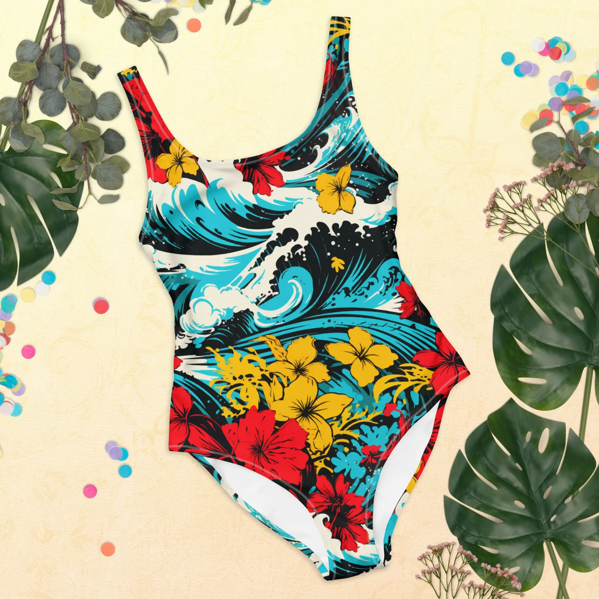 Women's One-Piece Swimsuit - Waves and Flowers 001
