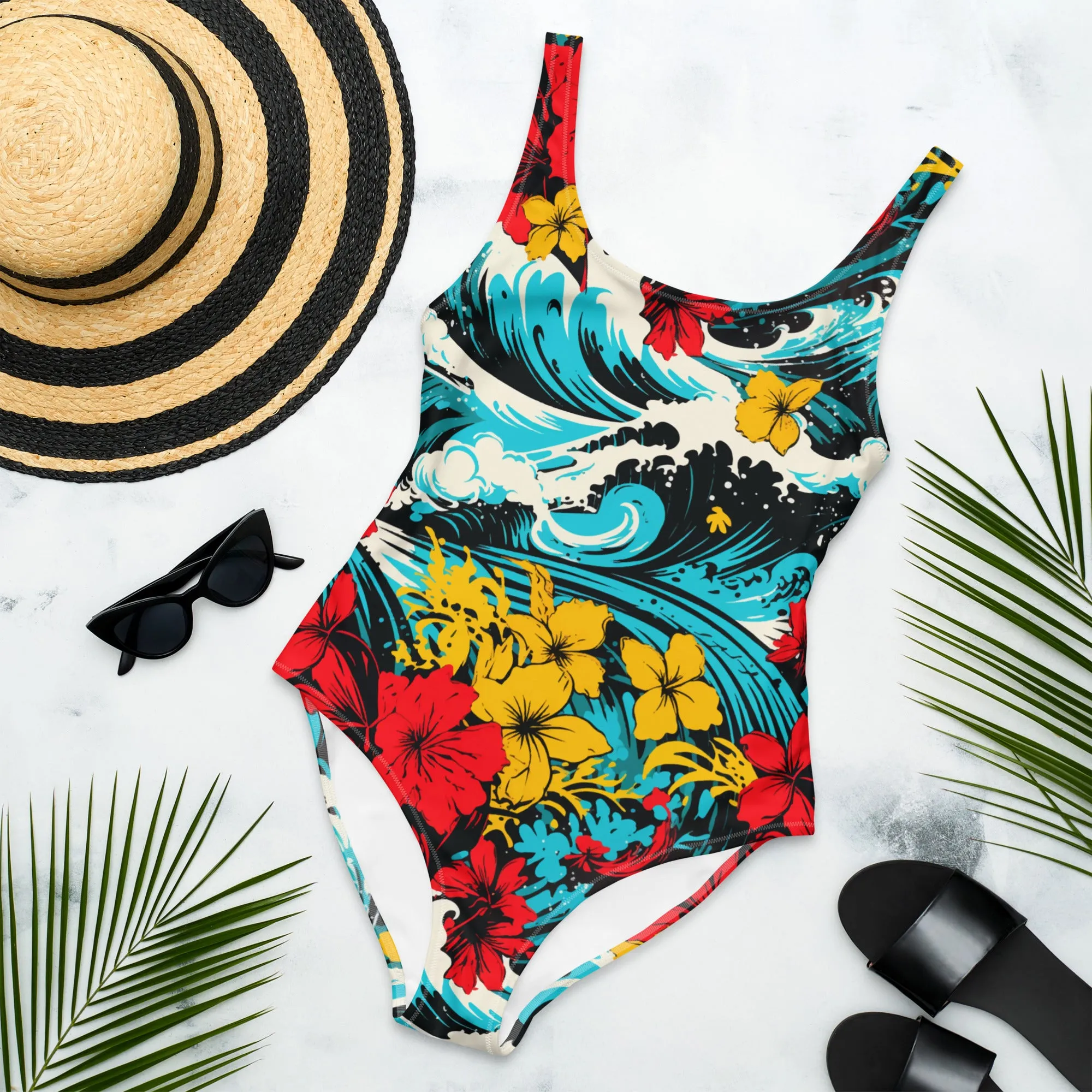 Women's One-Piece Swimsuit - Waves and Flowers 001