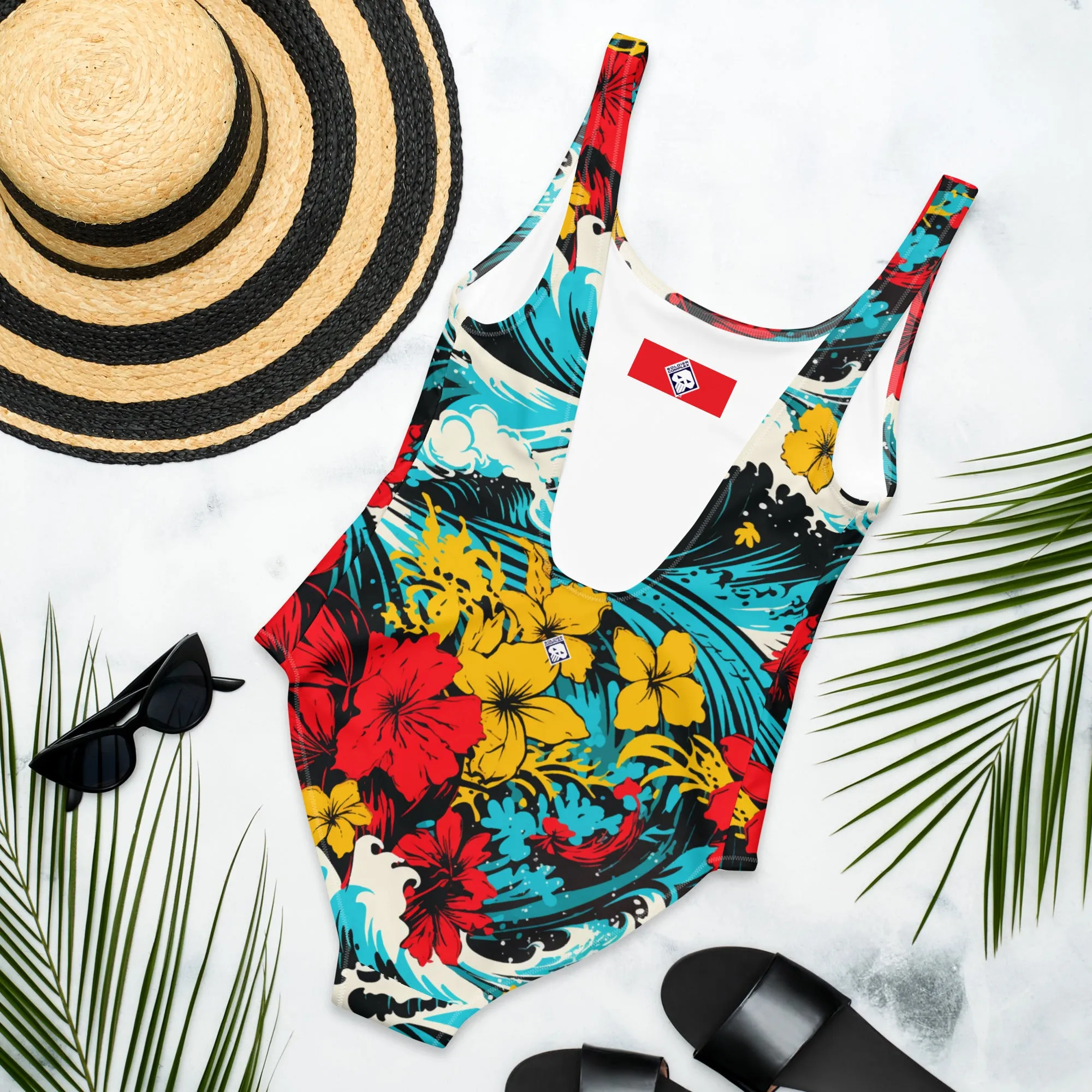Women's One-Piece Swimsuit - Waves and Flowers 001