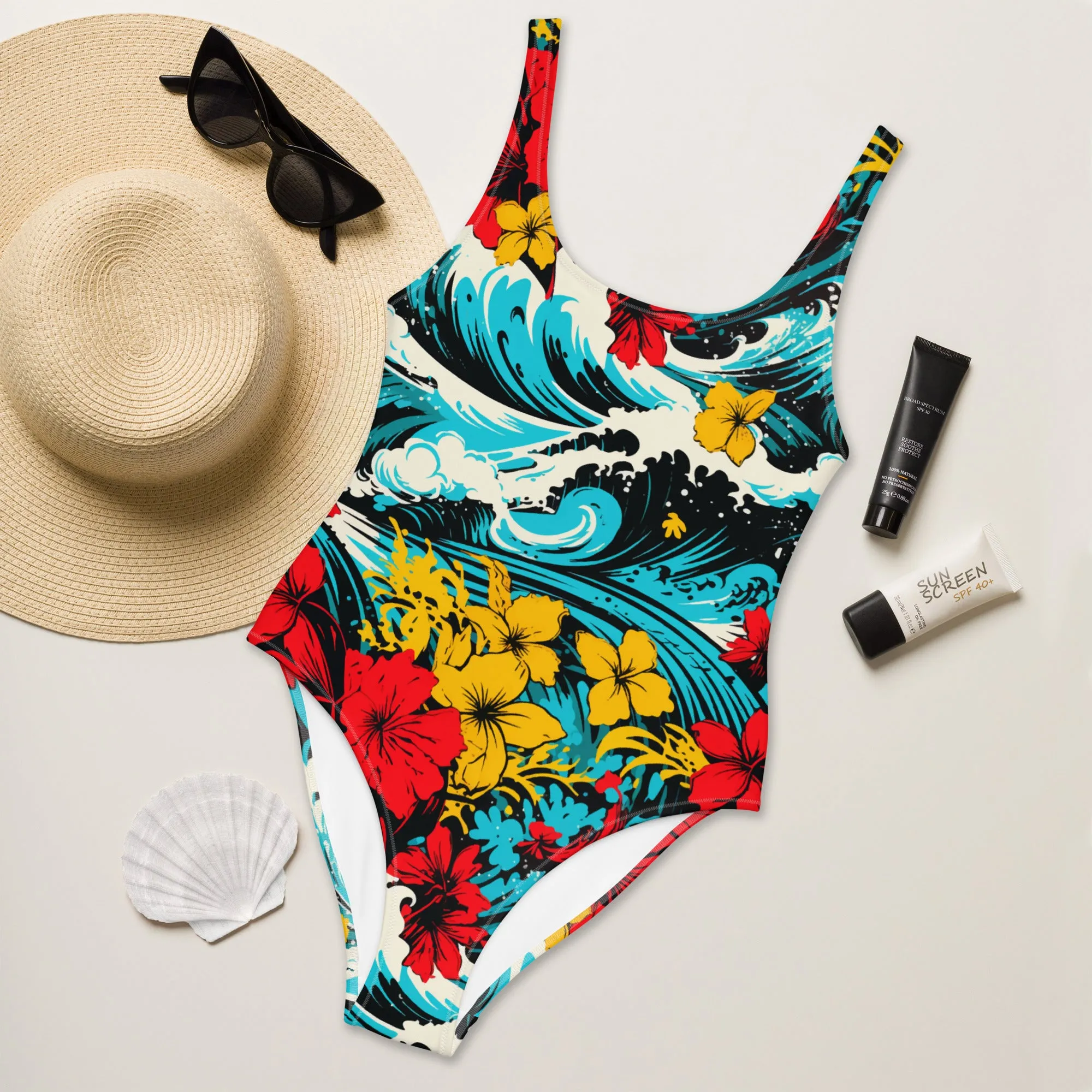 Women's One-Piece Swimsuit - Waves and Flowers 001