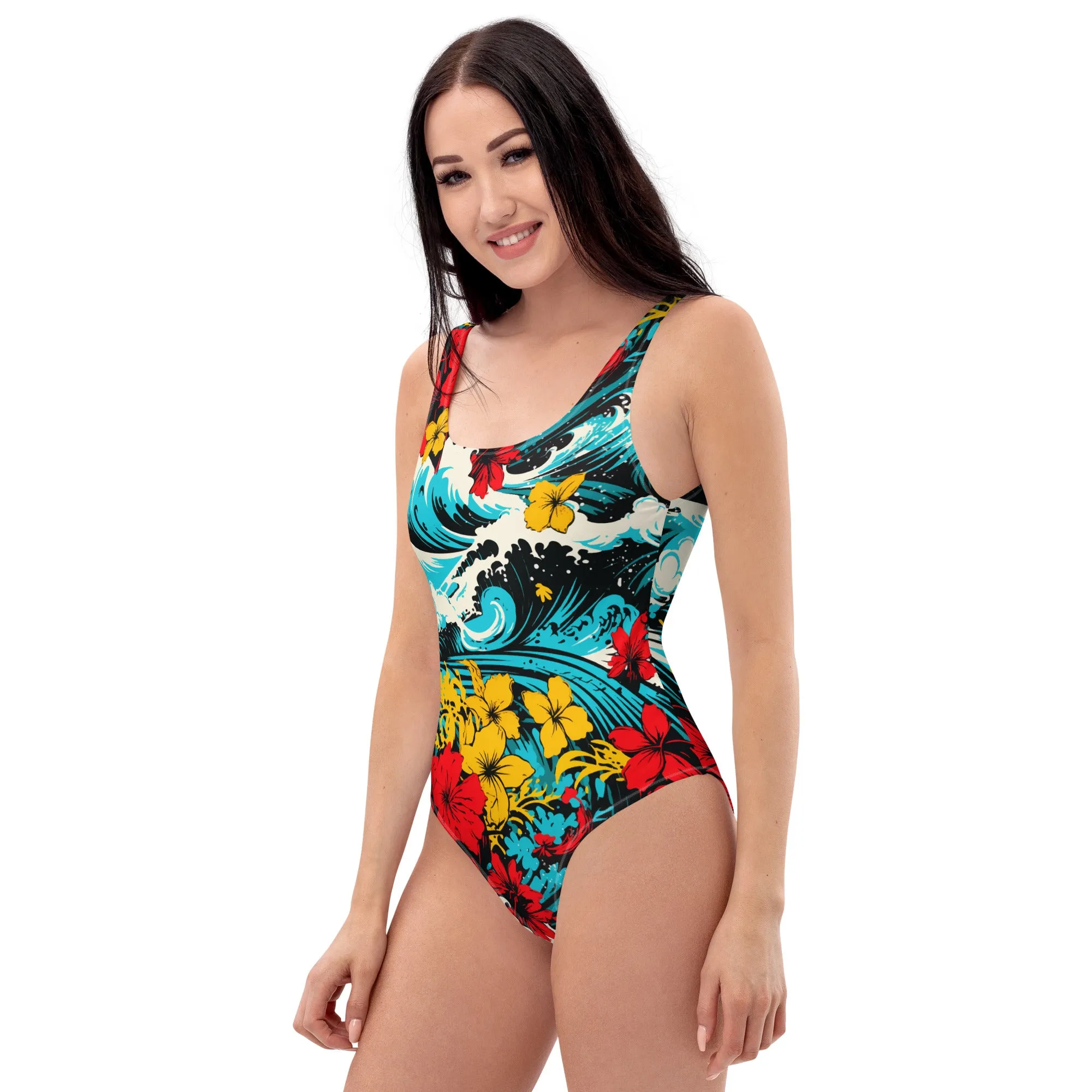 Women's One-Piece Swimsuit - Waves and Flowers 001