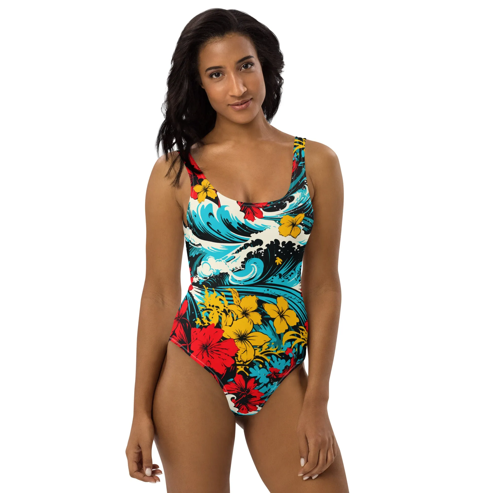 Women's One-Piece Swimsuit - Waves and Flowers 001