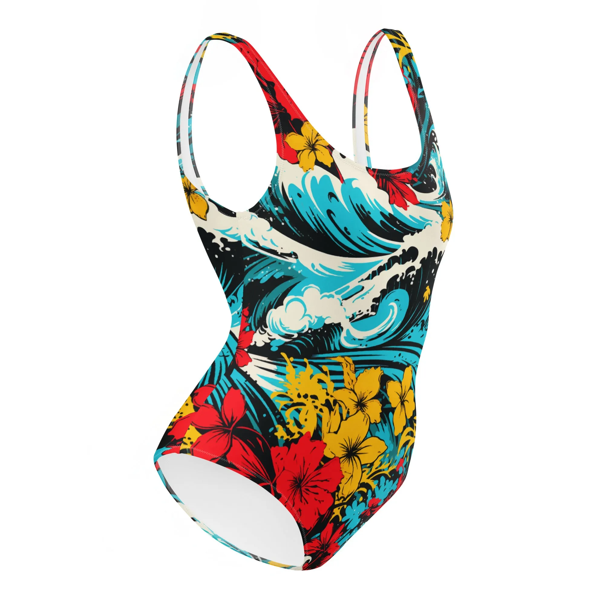 Women's One-Piece Swimsuit - Waves and Flowers 001