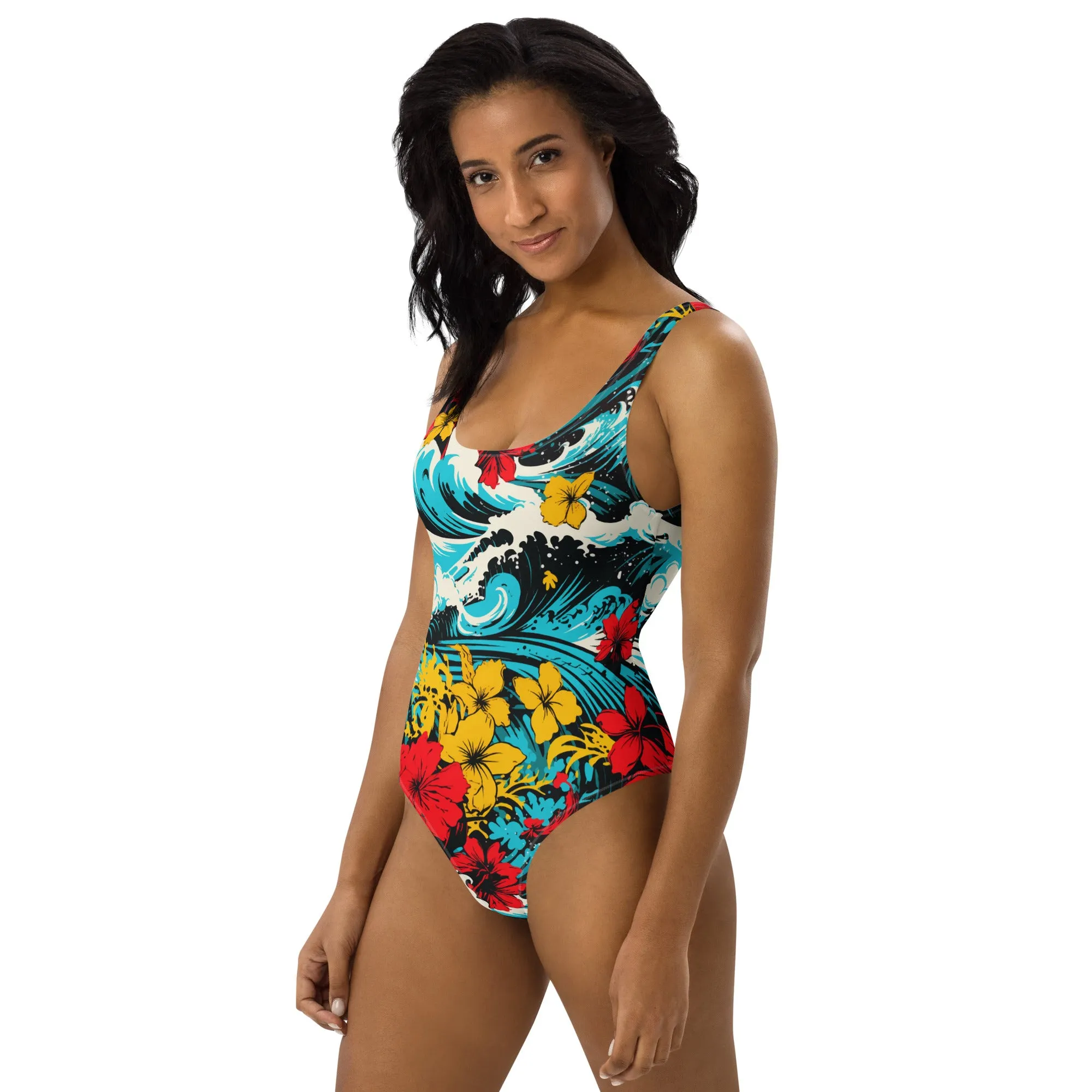 Women's One-Piece Swimsuit - Waves and Flowers 001