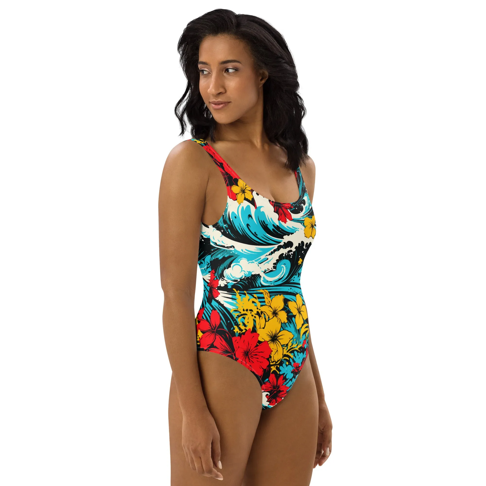 Women's One-Piece Swimsuit - Waves and Flowers 001