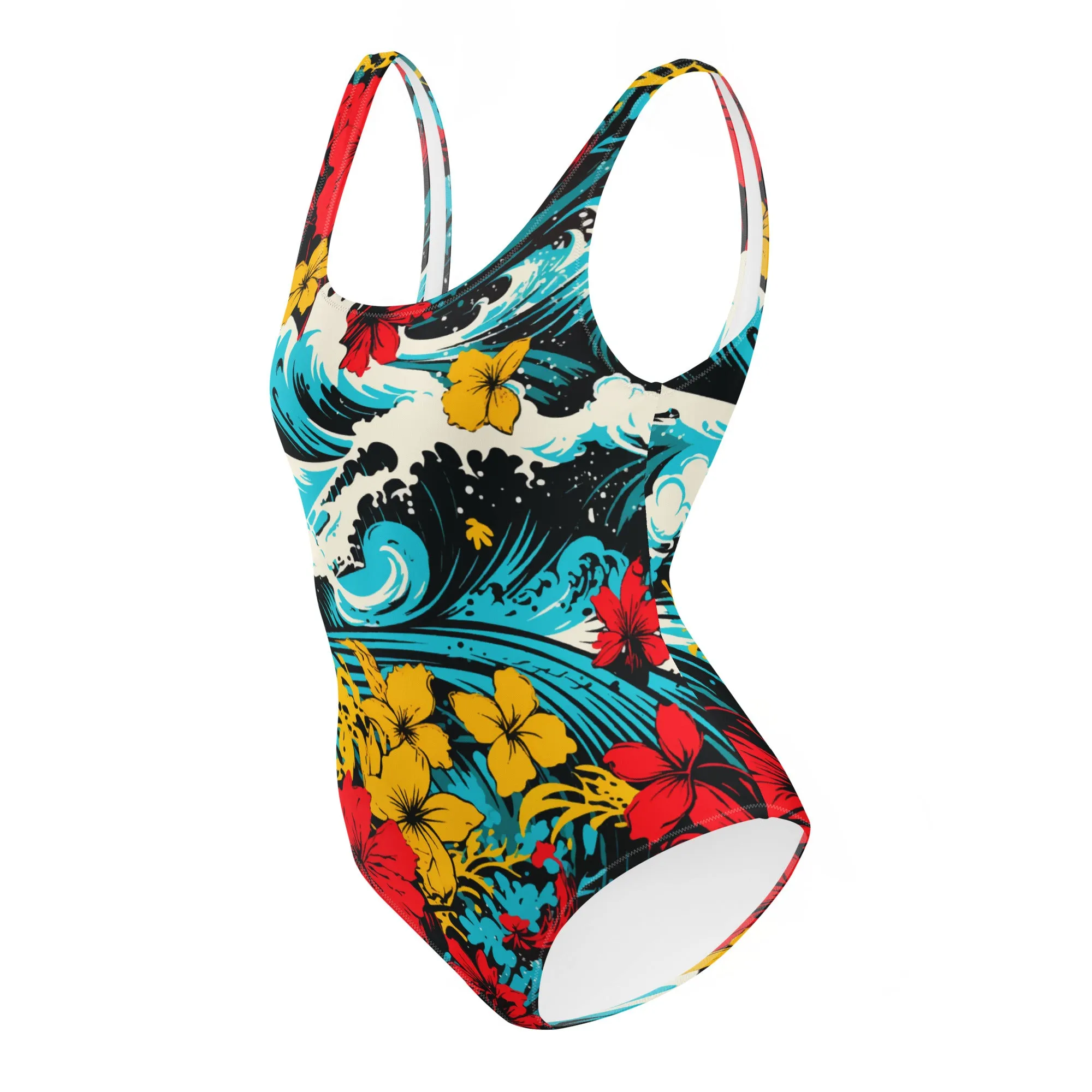 Women's One-Piece Swimsuit - Waves and Flowers 001