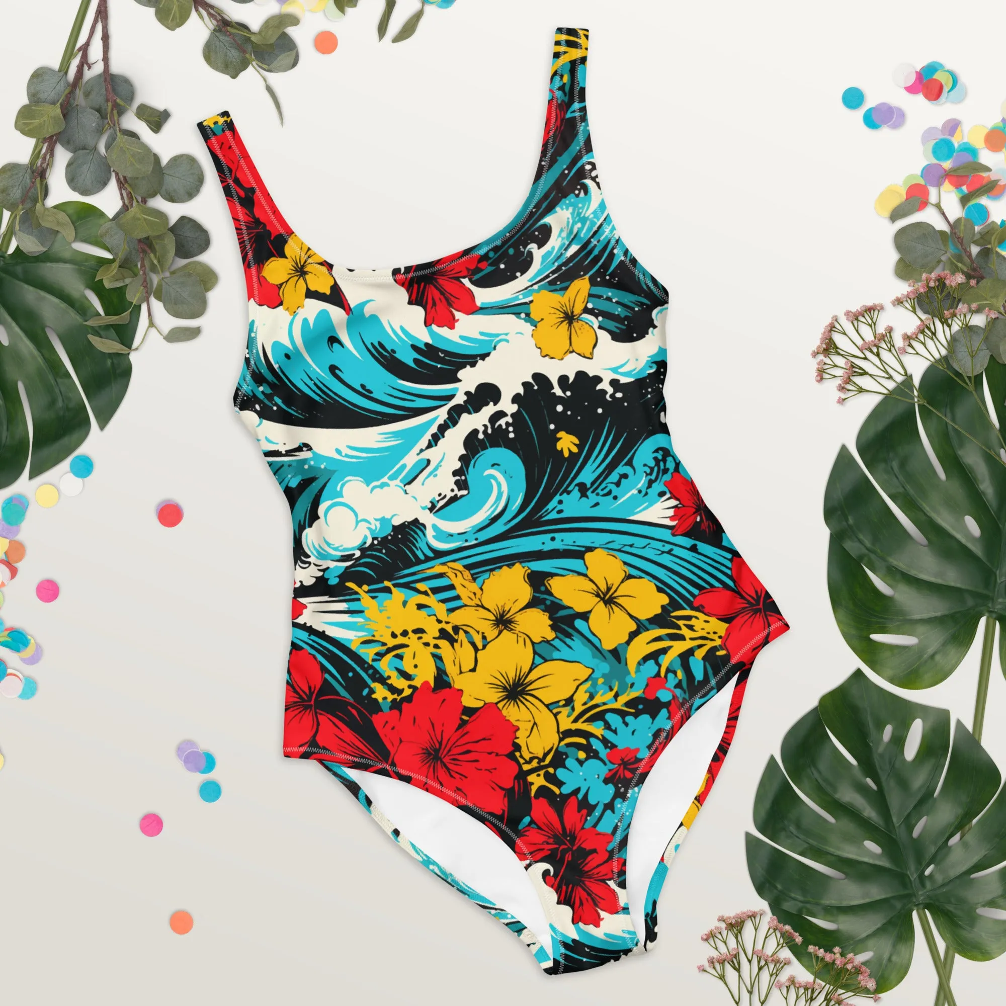 Women's One-Piece Swimsuit - Waves and Flowers 001