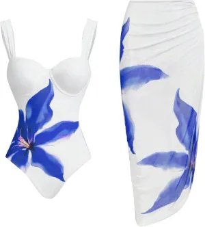 Women's One Piece Swimsuit with Cover Up Set Beach Wrap Skirt Retro Cute Floral Tankini Set Two Piece Bathing Suit