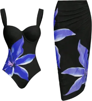 Women's One Piece Swimsuit with Cover Up Set Beach Wrap Skirt Retro Cute Floral Tankini Set Two Piece Bathing Suit