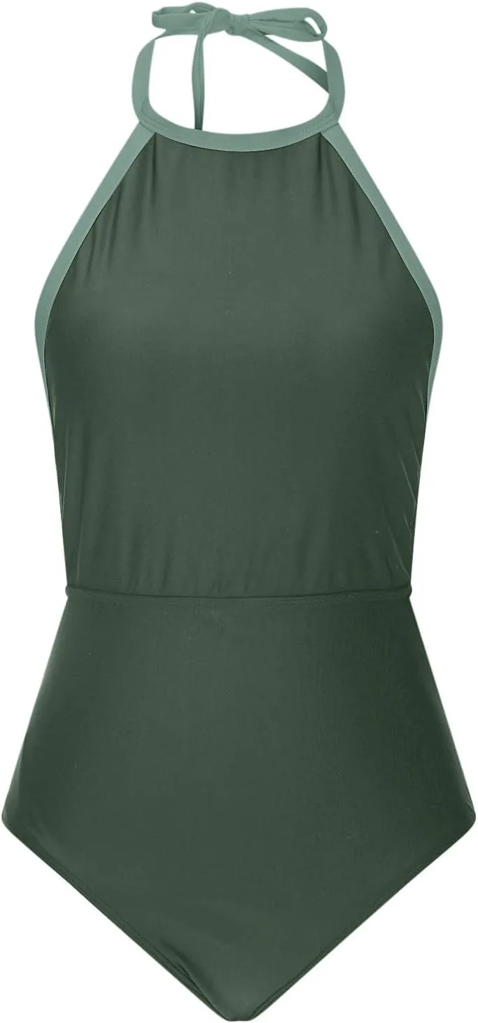 Womens One Piece Swimsuits 2025 Summer Trendy Backless High Neck Tummy Control Color Block Halter Tie Bathing Suits