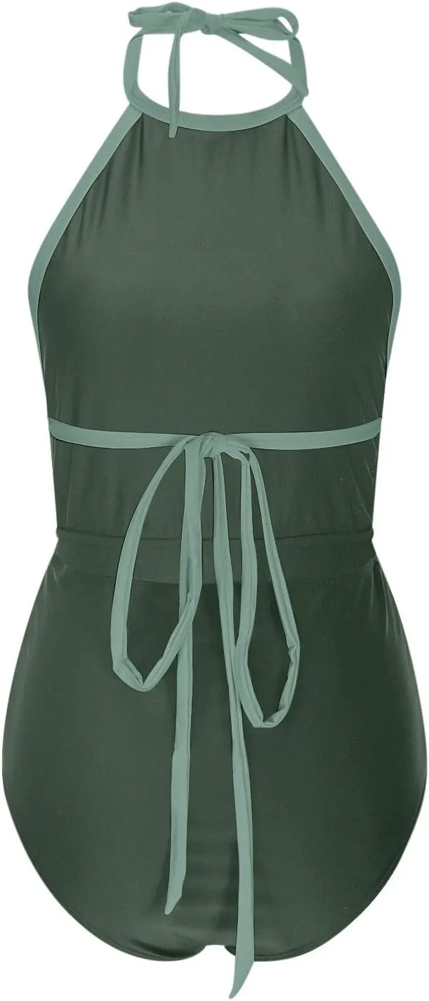 Womens One Piece Swimsuits 2025 Summer Trendy Backless High Neck Tummy Control Color Block Halter Tie Bathing Suits