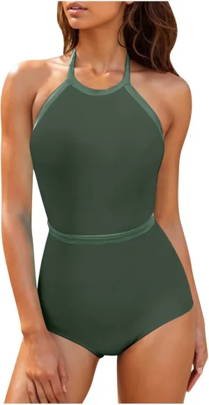 Womens One Piece Swimsuits 2025 Summer Trendy Backless High Neck Tummy Control Color Block Halter Tie Bathing Suits