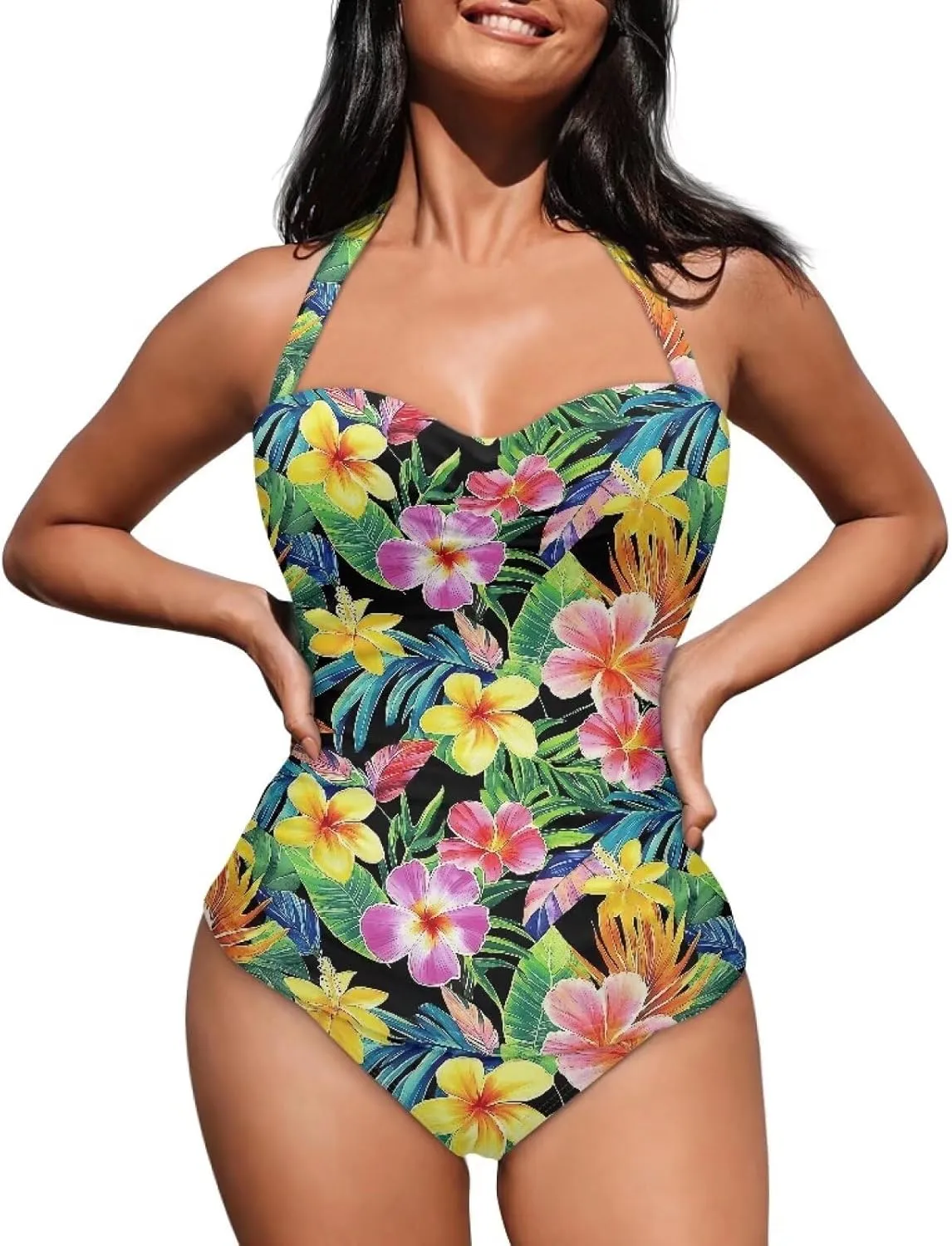 Women's One Piece Swimsuits Halter Swimwear High Waist Tummy Control Bathing Suits Backless Monokinis Size S-2XL