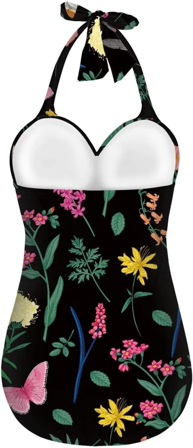 Women's One Piece Swimsuits Halter Swimwear High Waist Tummy Control Bathing Suits Backless Monokinis Size S-2XL