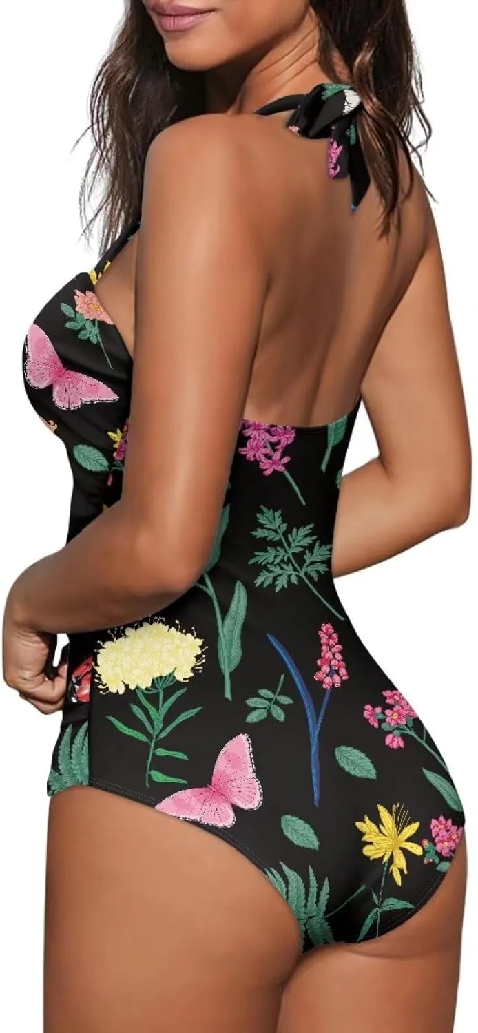 Women's One Piece Swimsuits Halter Swimwear High Waist Tummy Control Bathing Suits Backless Monokinis Size S-2XL