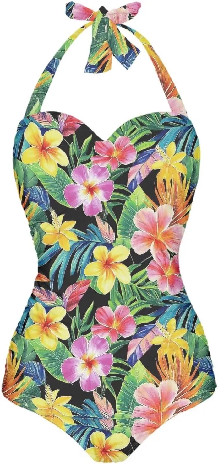 Women's One Piece Swimsuits Halter Swimwear High Waist Tummy Control Bathing Suits Backless Monokinis Size S-2XL