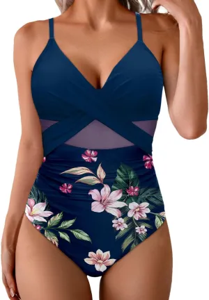 Womens One Piece Swimsuits Tummy Control Mesh Patchwork Spaghetti Straps Bathing Suit Trendy V Neck Padded Swimwear