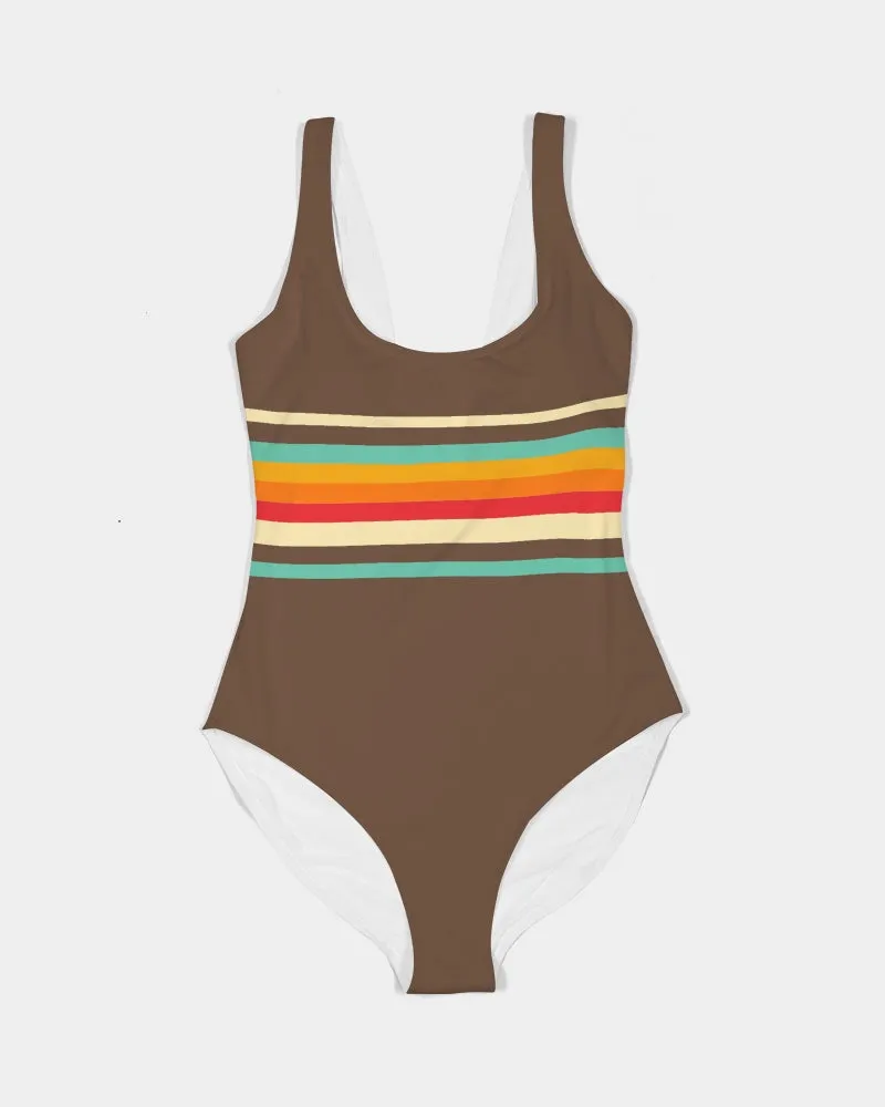 Women's One-Piece Swimsuit,Vintage 70s Stripe - Brown