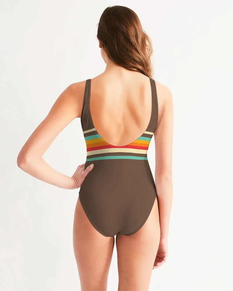 Women's One-Piece Swimsuit,Vintage 70s Stripe - Brown