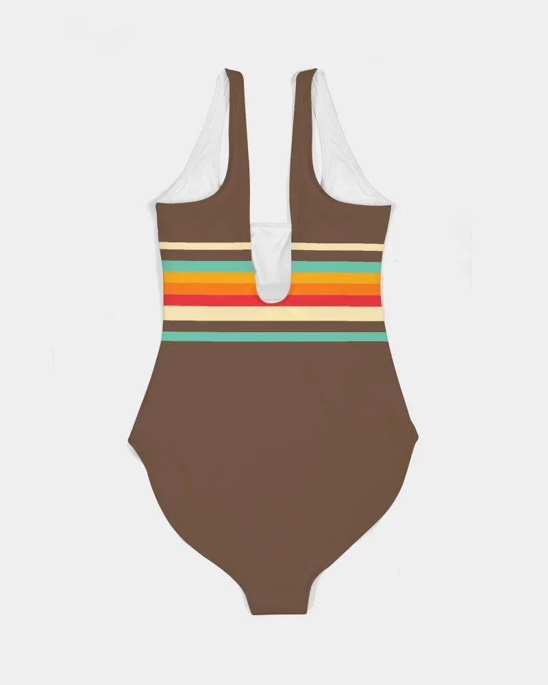 Women's One-Piece Swimsuit,Vintage 70s Stripe - Brown
