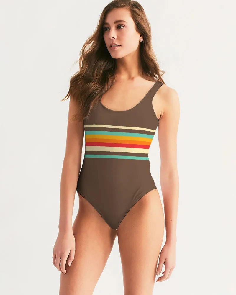 Women's One-Piece Swimsuit,Vintage 70s Stripe - Brown