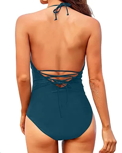 Women's Plunge V Neck Push Up One Piece Swimsuits-Teal