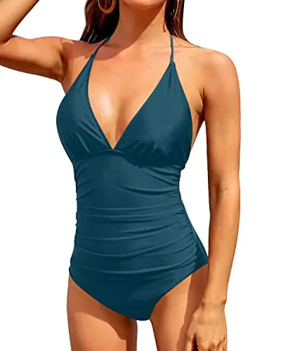 Women's Plunge V Neck Push Up One Piece Swimsuits-Teal