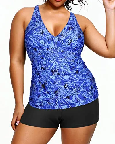 Women's Plus Size Deep V Neckline Ruched Tummy Control Tankini Swimsuit-Blue Tribal