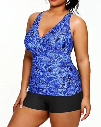 Women's Plus Size Deep V Neckline Ruched Tummy Control Tankini Swimsuit-Blue Tribal
