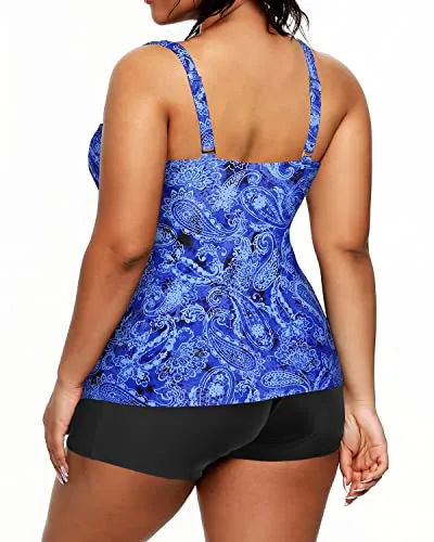 Women's Plus Size Deep V Neckline Ruched Tummy Control Tankini Swimsuit-Blue Tribal