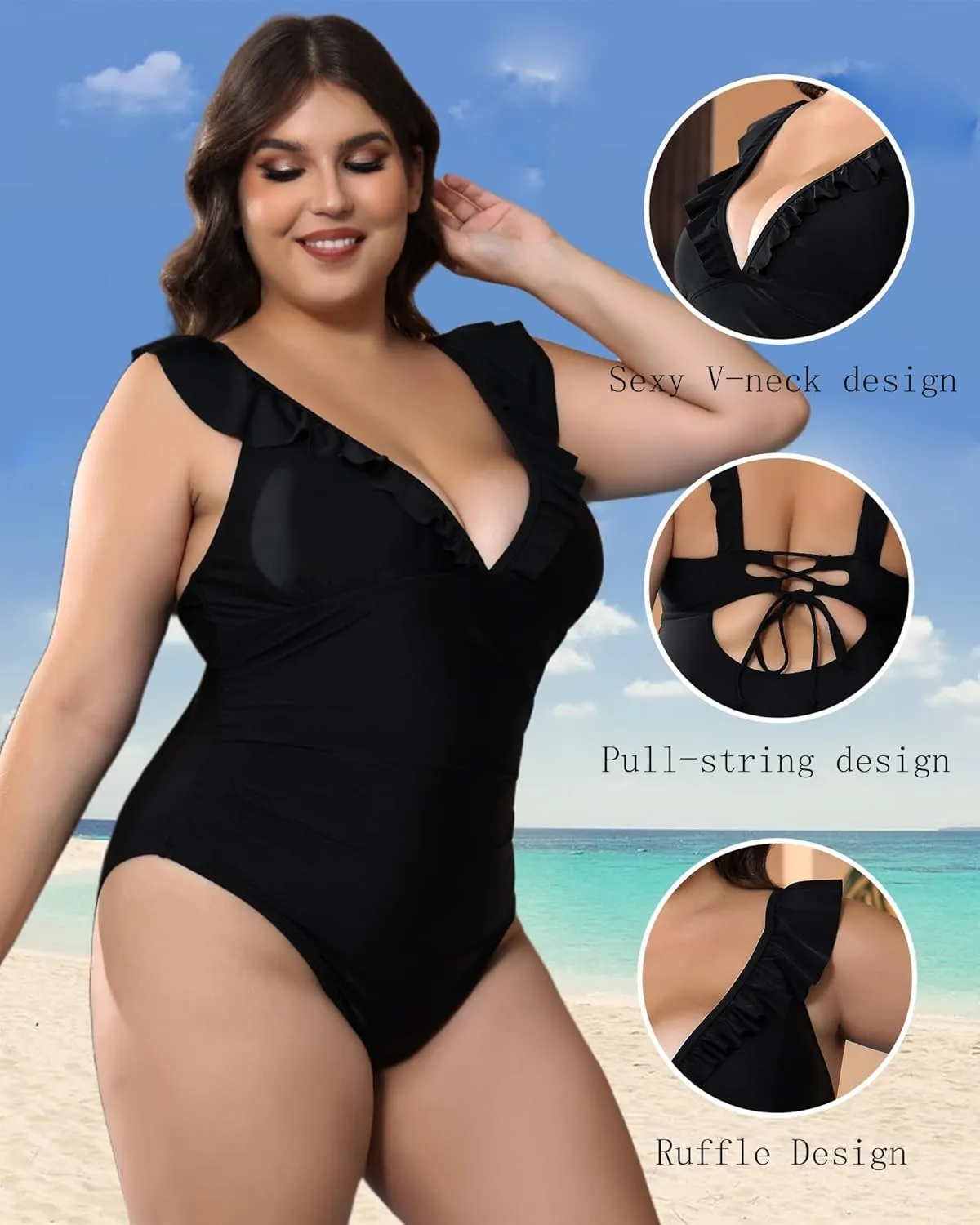 Women's Plus Size One Piece Swimsuit Tummy Control Sexy Bathing Suits for Curvy Women Black Swimwear