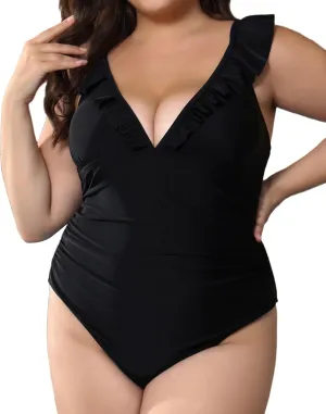 Women's Plus Size One Piece Swimsuit Tummy Control Sexy Bathing Suits for Curvy Women Black Swimwear