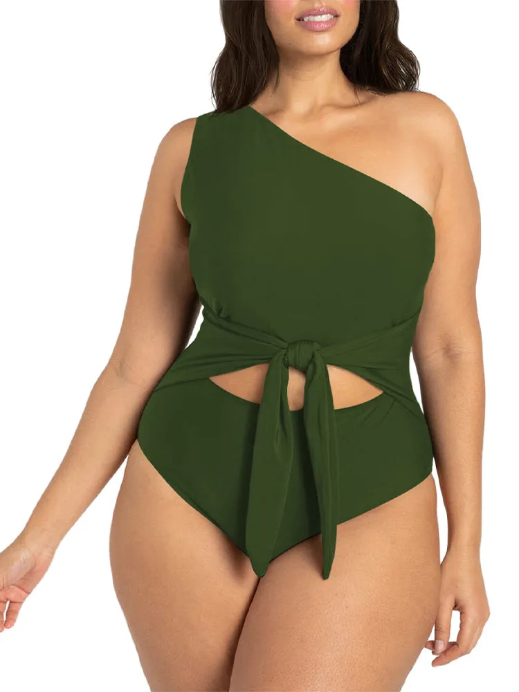 Women's Plus Size One Shoulder One Piece Swimsuit Cut Out Swimwear Bathing Suits