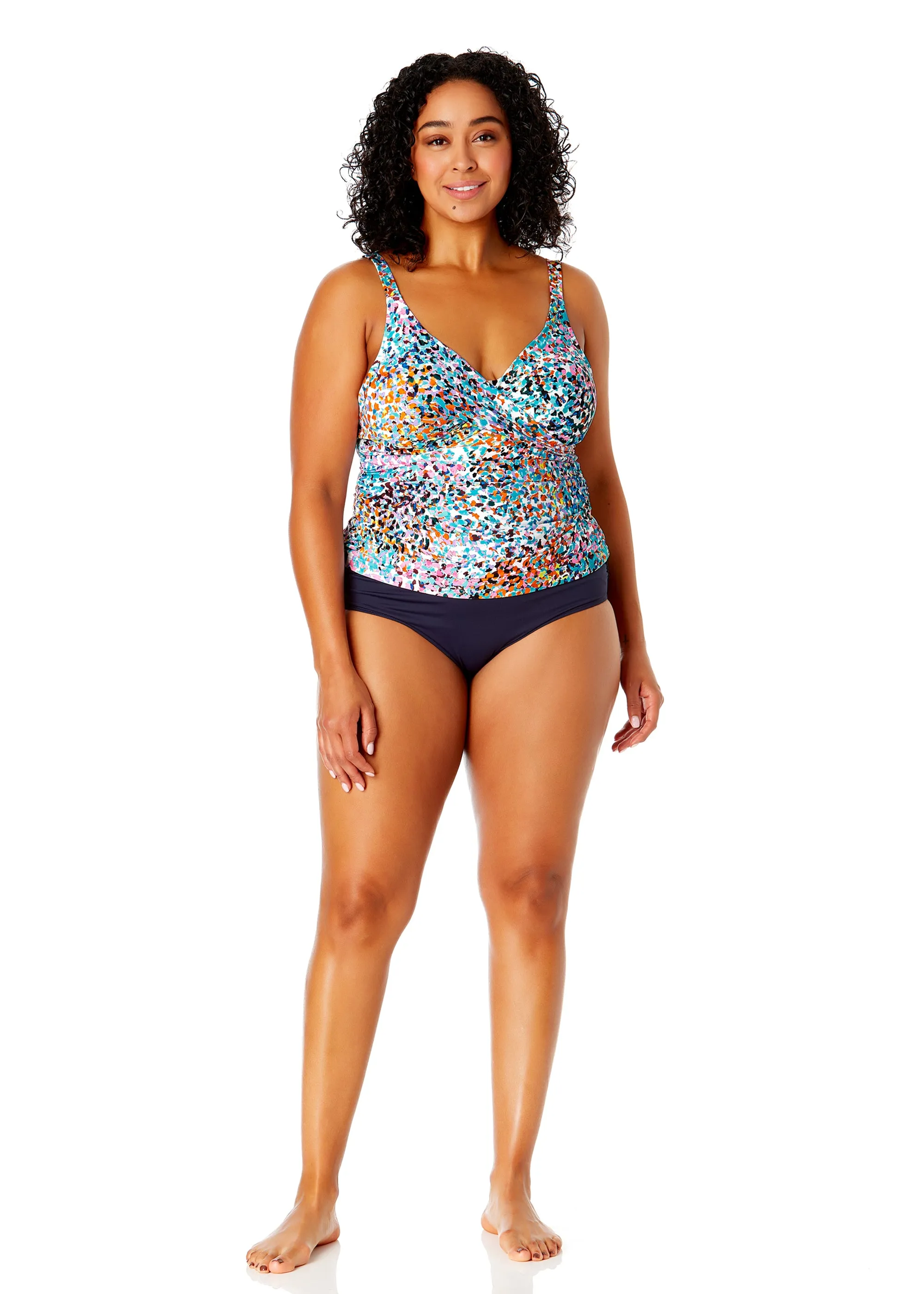 Women's Plus Size Sunset Dot Hidden Underwire Drape Front Tankini Swim Top