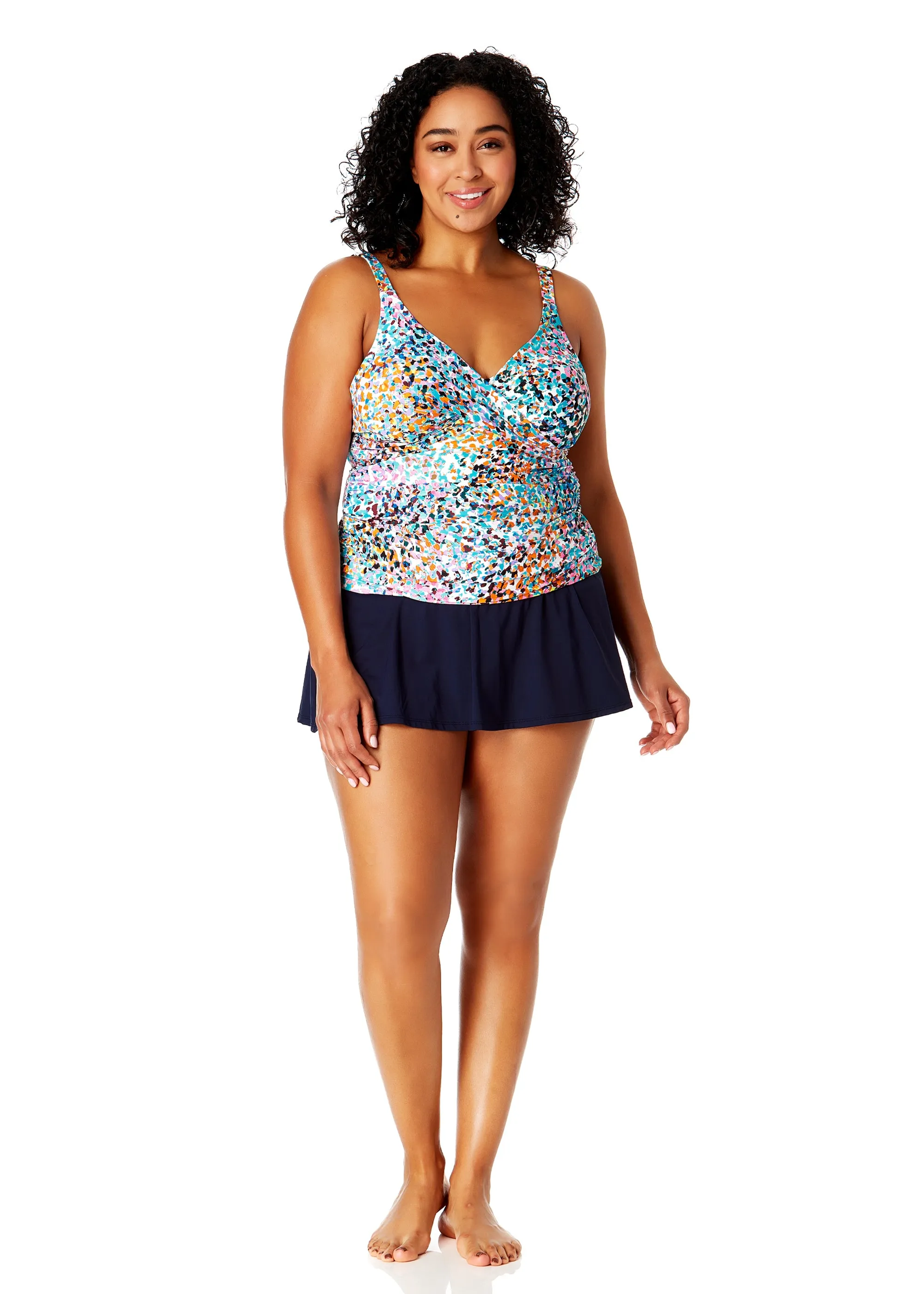Women's Plus Size Sunset Dot Hidden Underwire Drape Front Tankini Swim Top