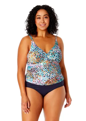 Women's Plus Size Sunset Dot Hidden Underwire Drape Front Tankini Swim Top