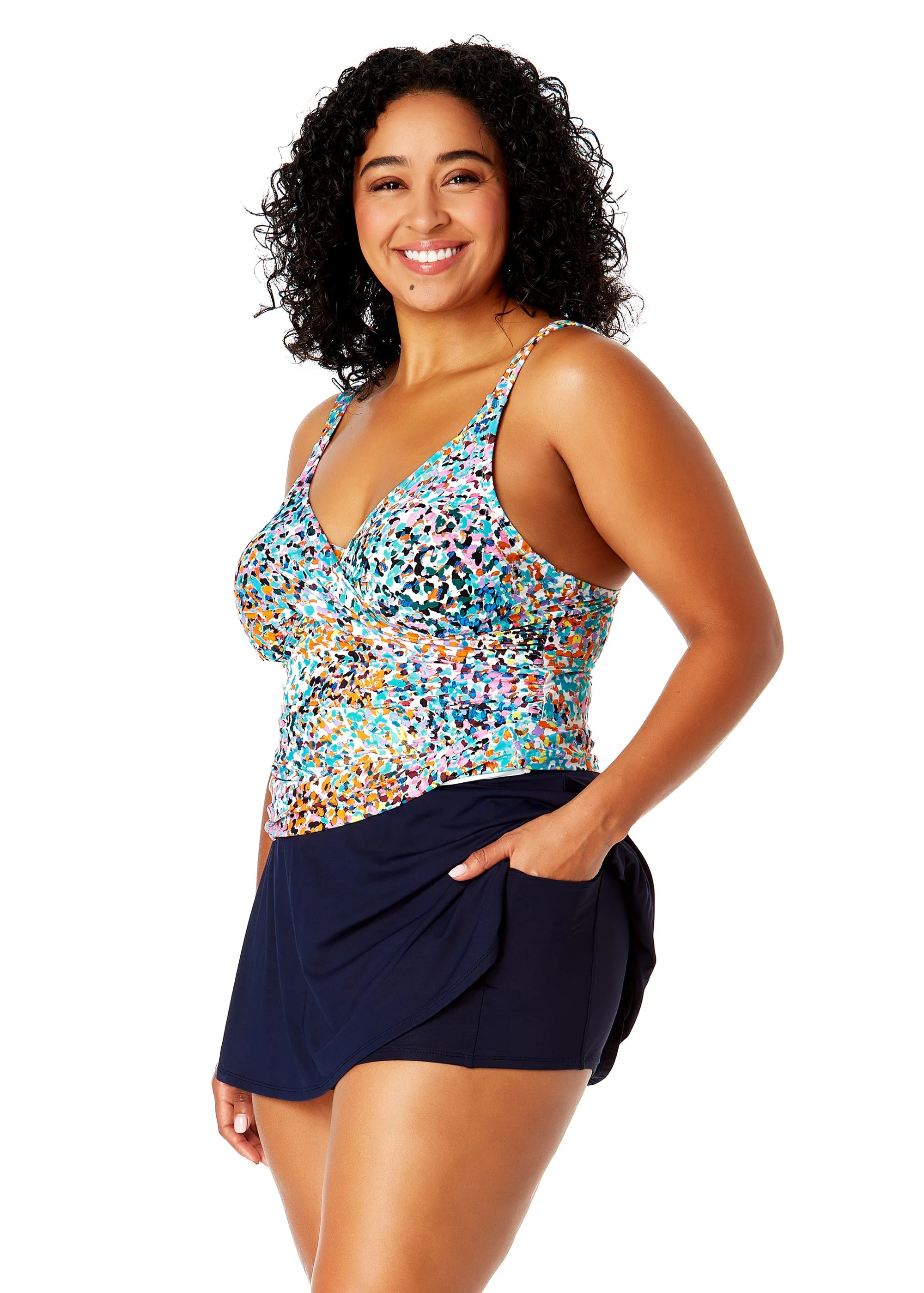 Women's Plus Size Sunset Dot Hidden Underwire Drape Front Tankini Swim Top