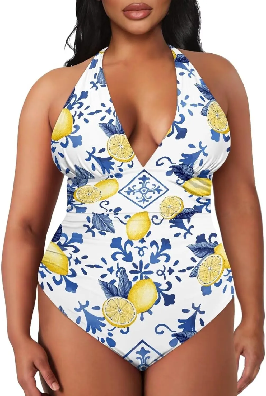 Womens Plus Size Swimsuit Sexy Halter Swim Suit Tummy Control Bathing Suit Trendy Deep V-Neck Swimwear Beach Wear