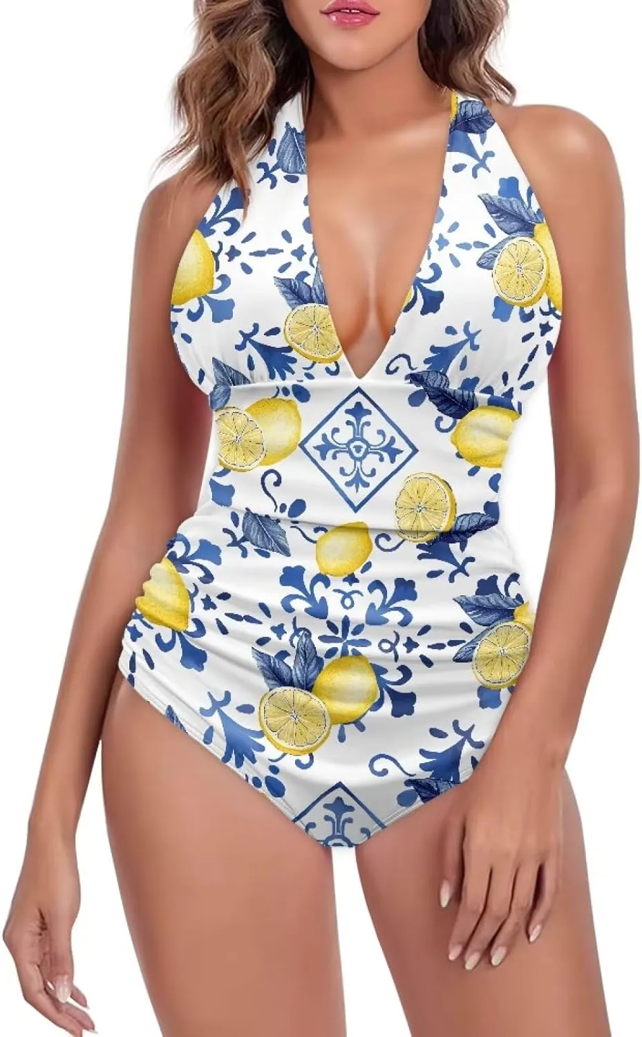 Womens Plus Size Swimsuit Sexy Halter Swim Suit Tummy Control Bathing Suit Trendy Deep V-Neck Swimwear Beach Wear