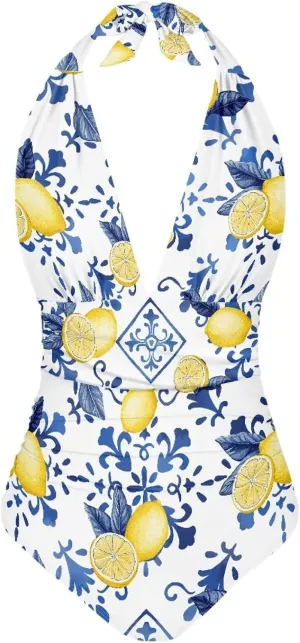 Womens Plus Size Swimsuit Sexy Halter Swim Suit Tummy Control Bathing Suit Trendy Deep V-Neck Swimwear Beach Wear