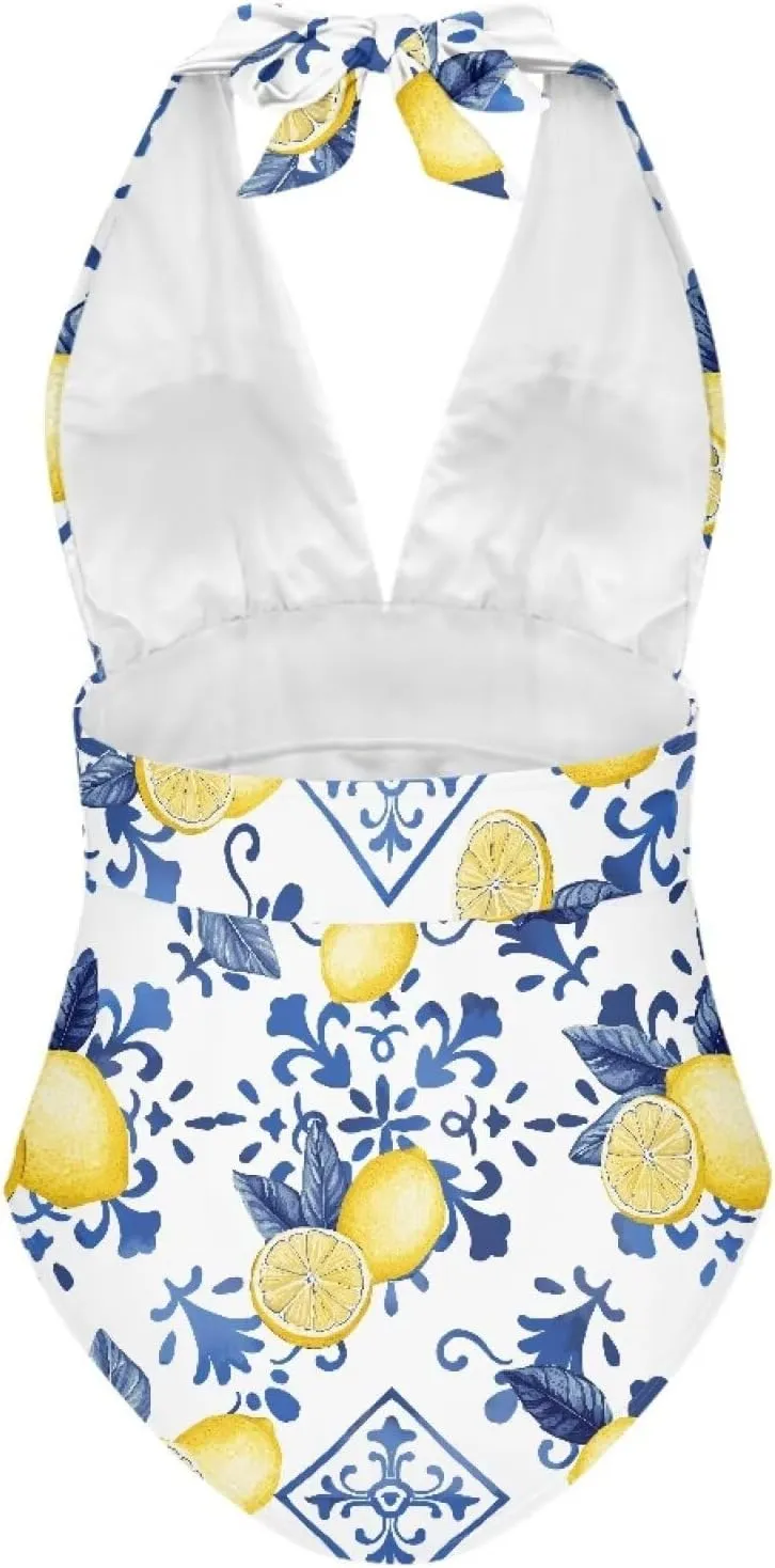 Womens Plus Size Swimsuit Sexy Halter Swim Suit Tummy Control Bathing Suit Trendy Deep V-Neck Swimwear Beach Wear