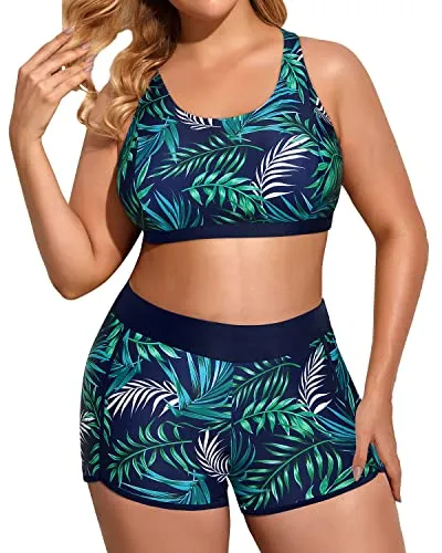Women's Plus Size Tankini Swimsuits With Sports Bra And Boardshorts-Navy Leaves