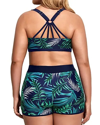 Women's Plus Size Tankini Swimsuits With Sports Bra And Boardshorts-Navy Leaves