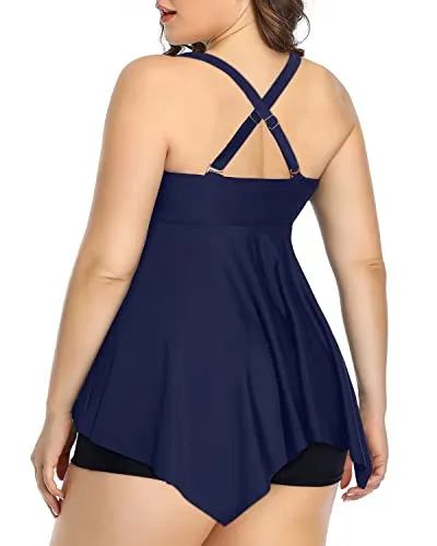 Women's Plus Size Tummy Control Boyshorts Swimsuits-Navy Blue